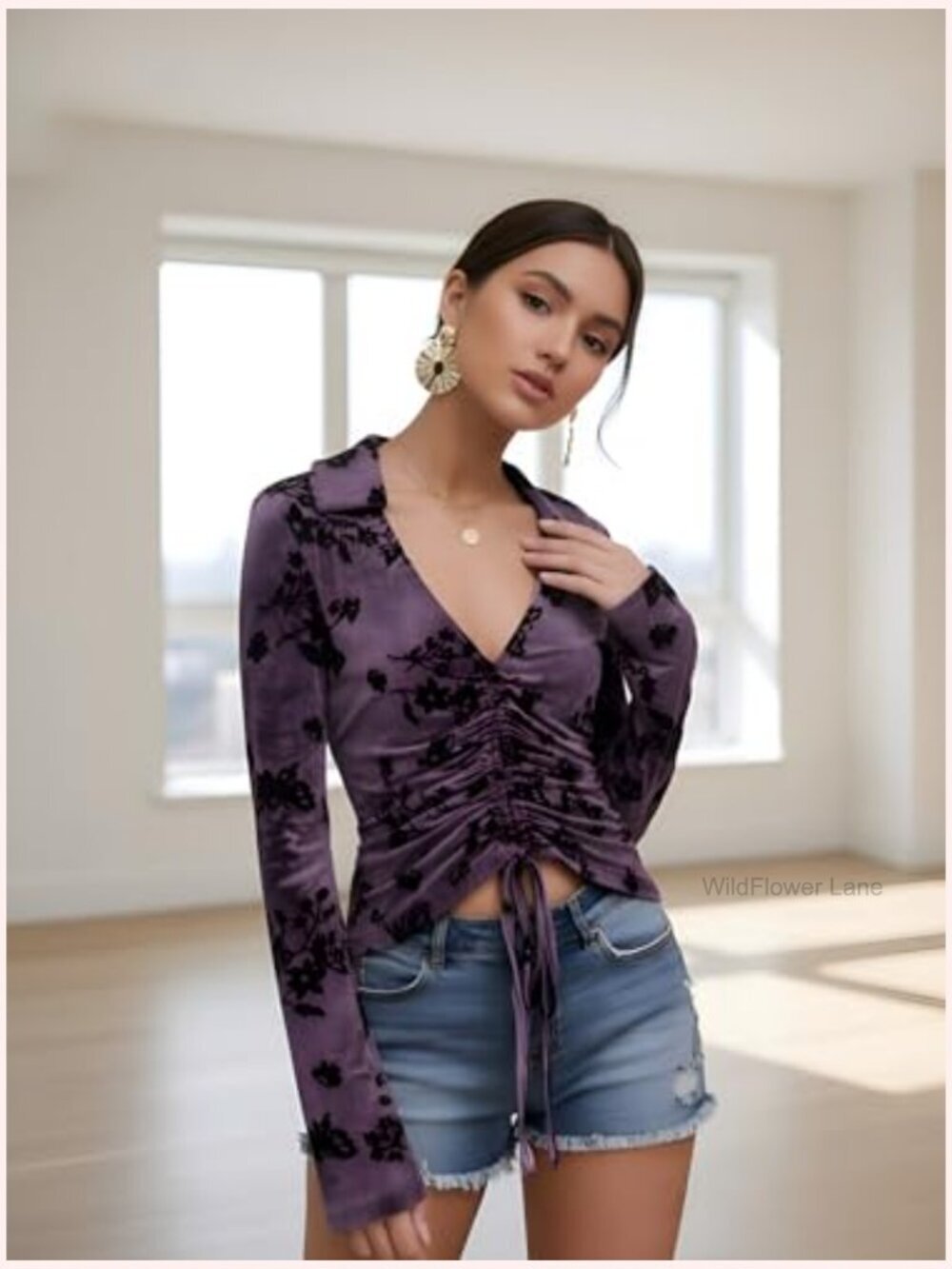 Boho Printed Crop Top Ruched Long Sleeve V Neck Blouse - Picture 3 of 7